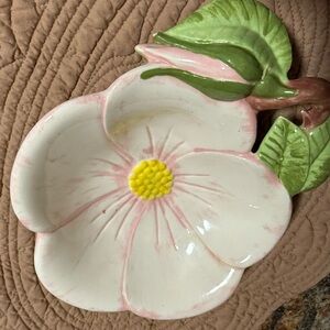 Vintage Floral Ceramic Plate with Pink and Green Accents